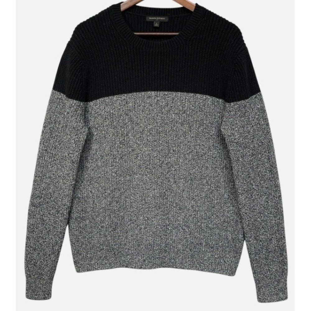 Banana Republic Sweater Mens Large Black Grey Colorblock Wool Blend Excellent